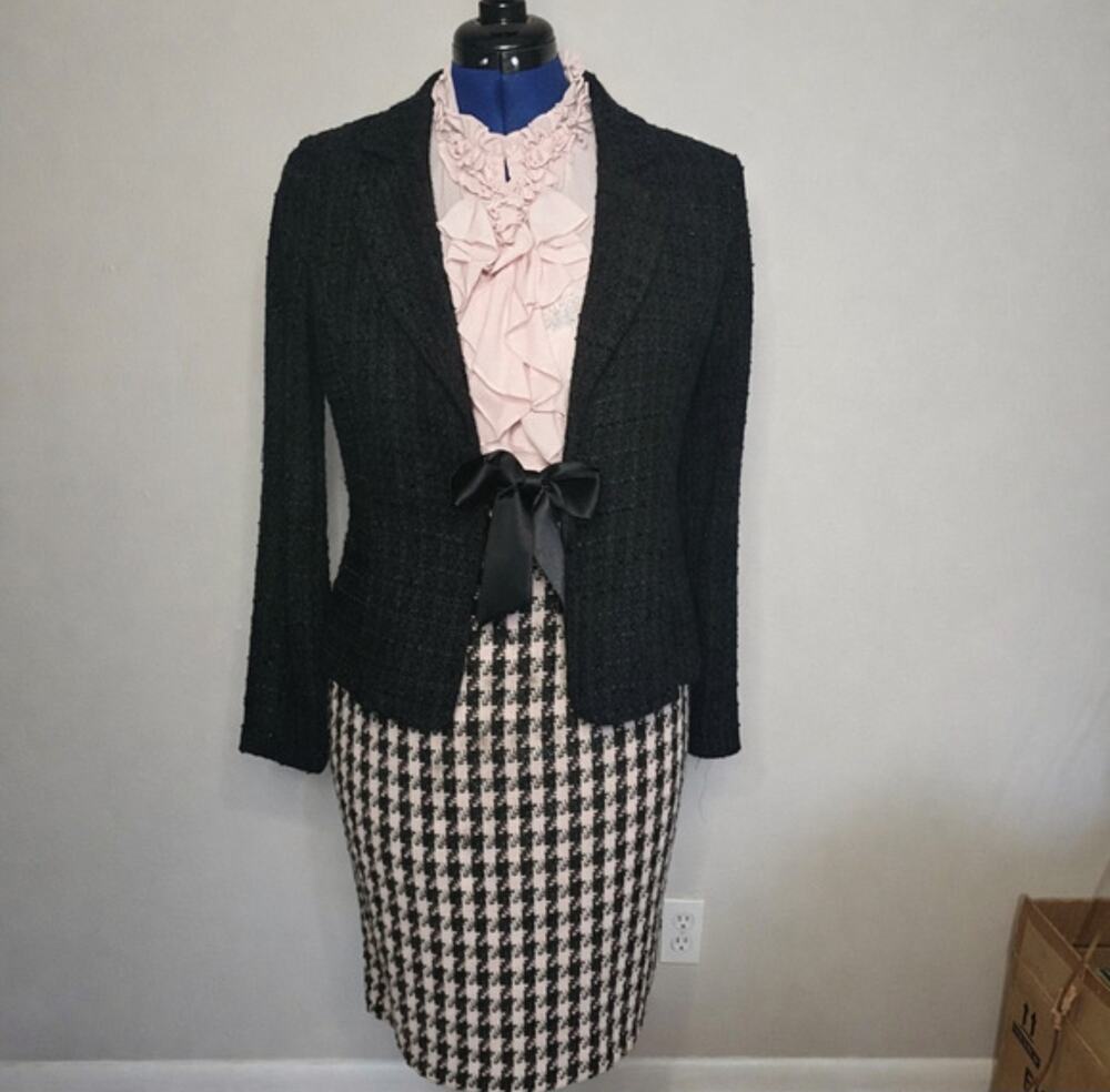 3pc Curated Tweed Blazer Houndstooth Skirt & Ruffle Blouse Set Size 12